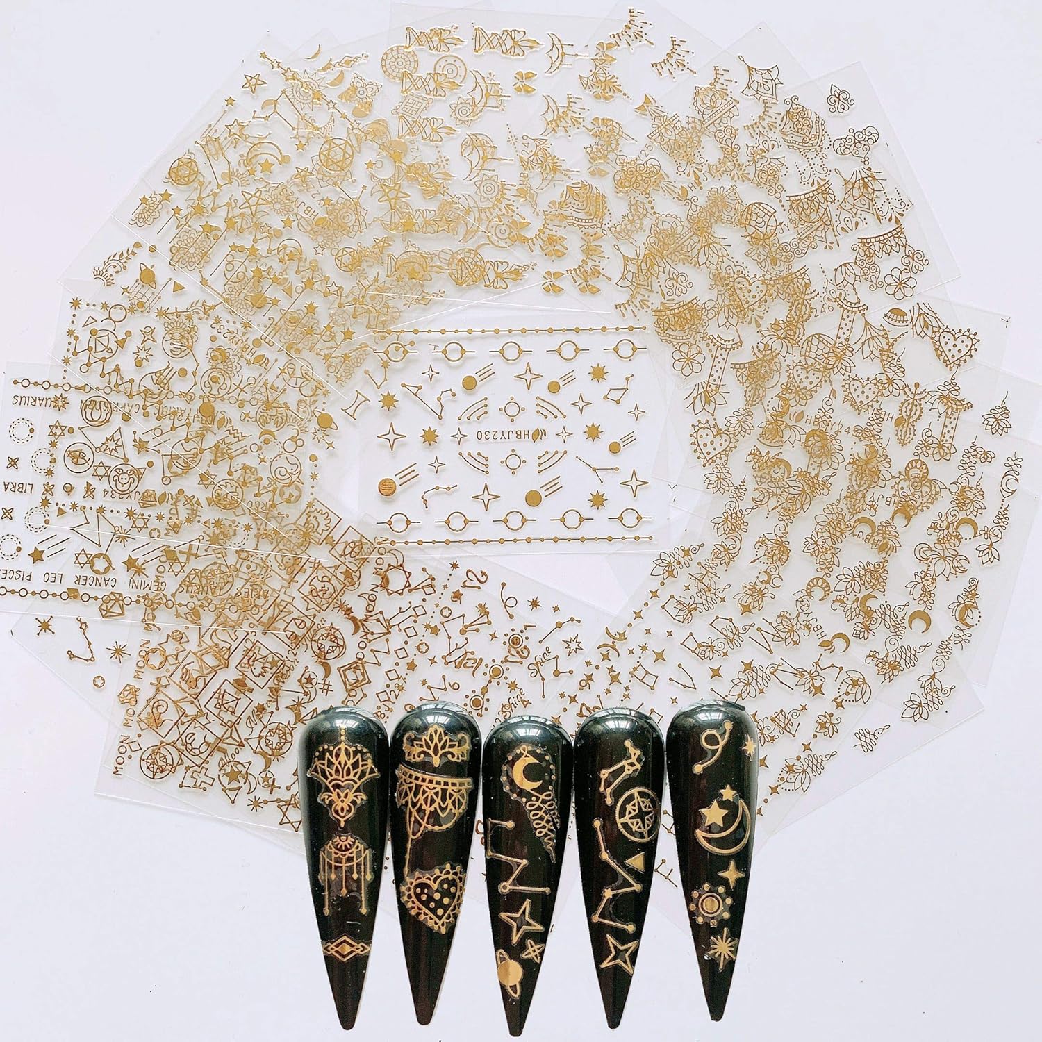 24 sheets Nail Art Adhesive Gold color Sticker sheets Moon Star Universal Flower shapes Sticker sheets Nail art Deco 10057