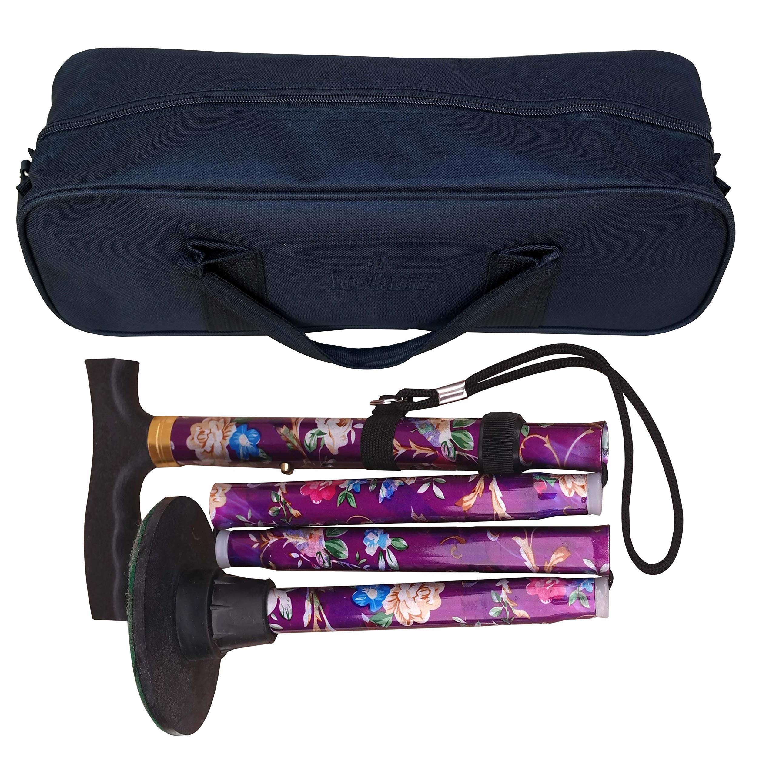 ACCLAIM Bowlers 33"-37" Lawn Bowls Floral Flowered Metal Folding Walking Stick & Green Protector With Green Synthetic Felt Base In Carrying Bag (Purple Floral)