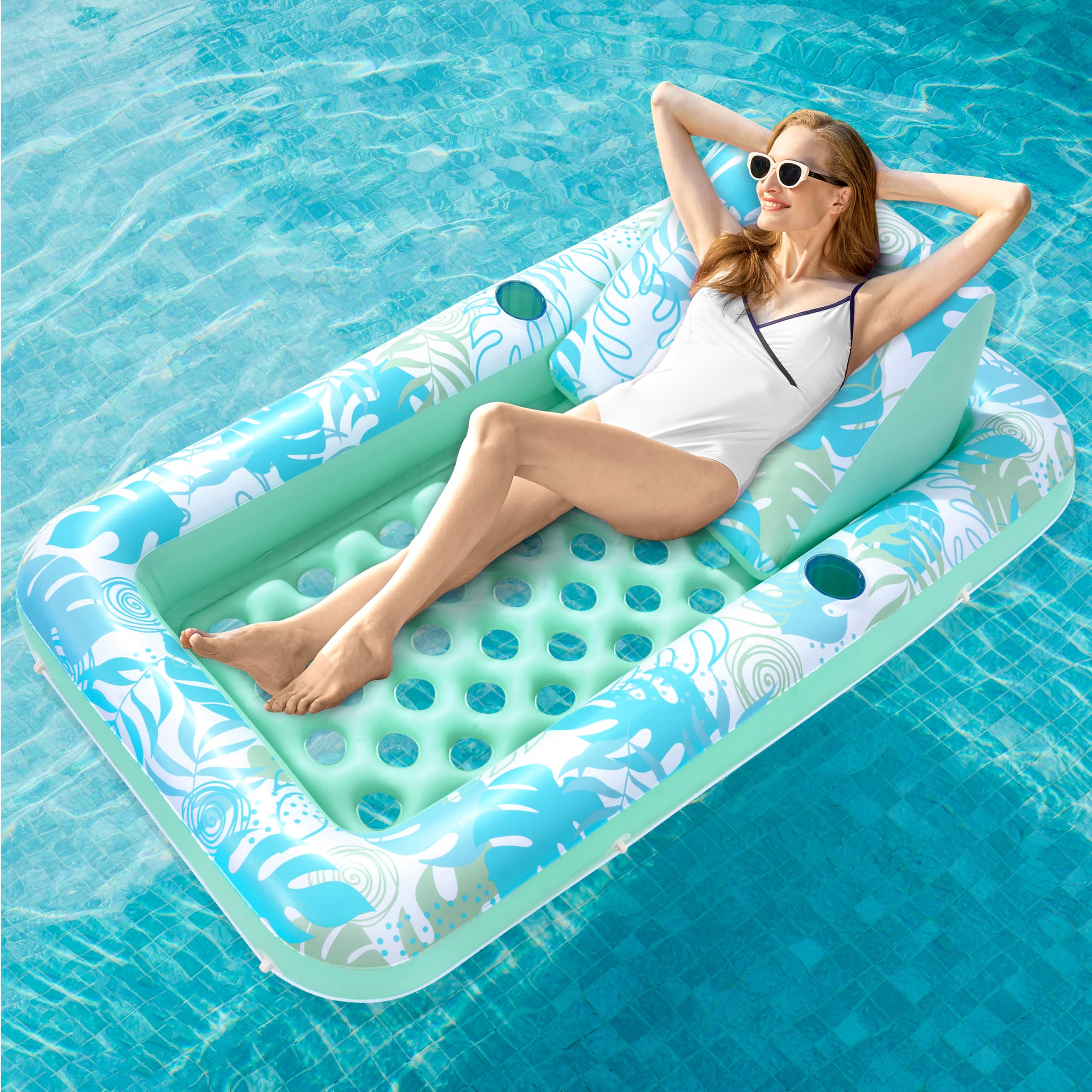 Photo 1 of SLOOSH Inflatable Tanning Pool Lounger Float,72" x 38" Daybed Pool Floats Adults with Cup Holders, Adjustable Backrest Tanning Pool Lounger Chair, Floaties Rafts (Cyan)