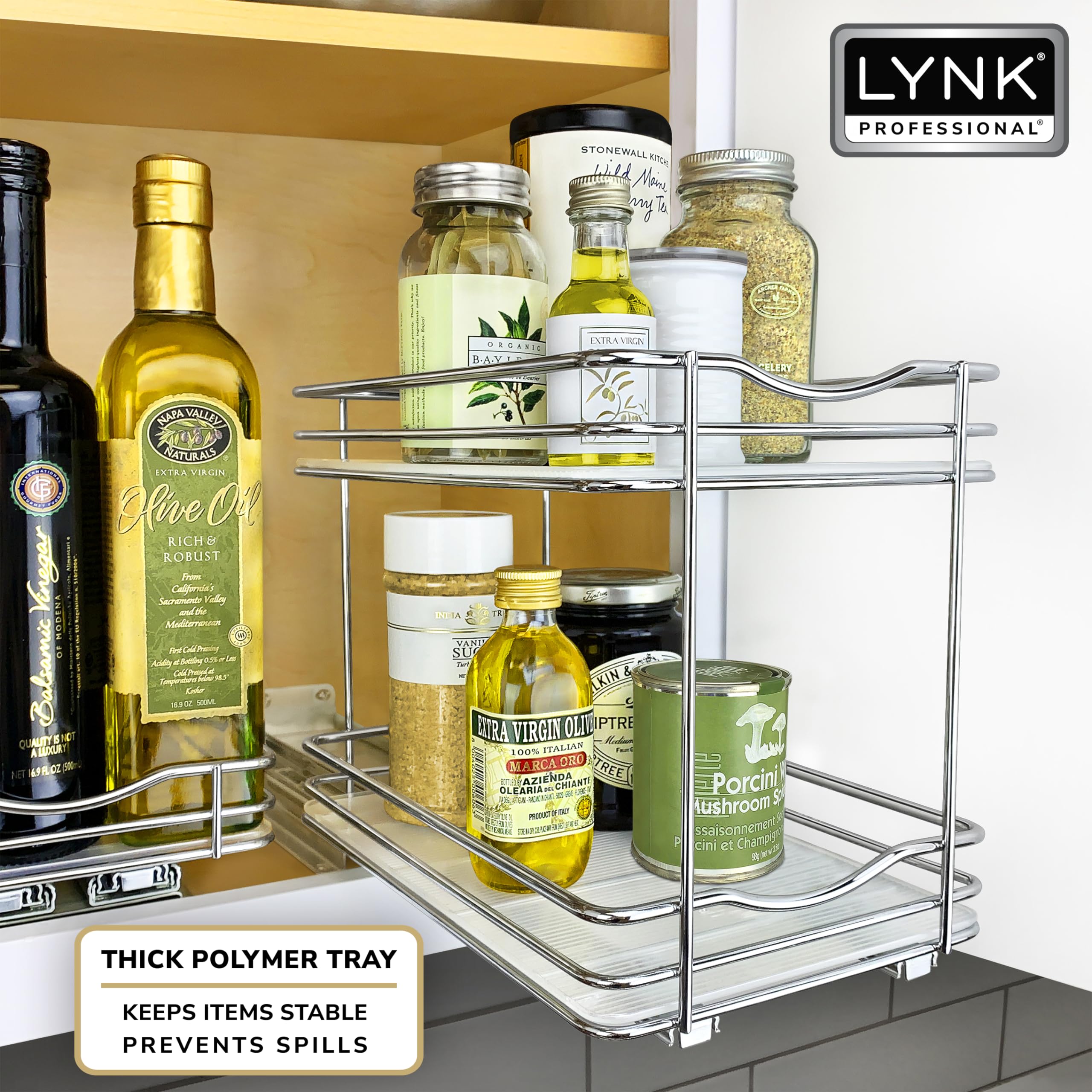 LYNK PROFESSIONAL® Pull Out Spice Rack Organizer for Inside Kitchen Cabinets - 6-3/8 inch Wide - Slide Out Drawer – Chrome Sliding Spice Cabinet Organization Shelf Racks - 2 Tier