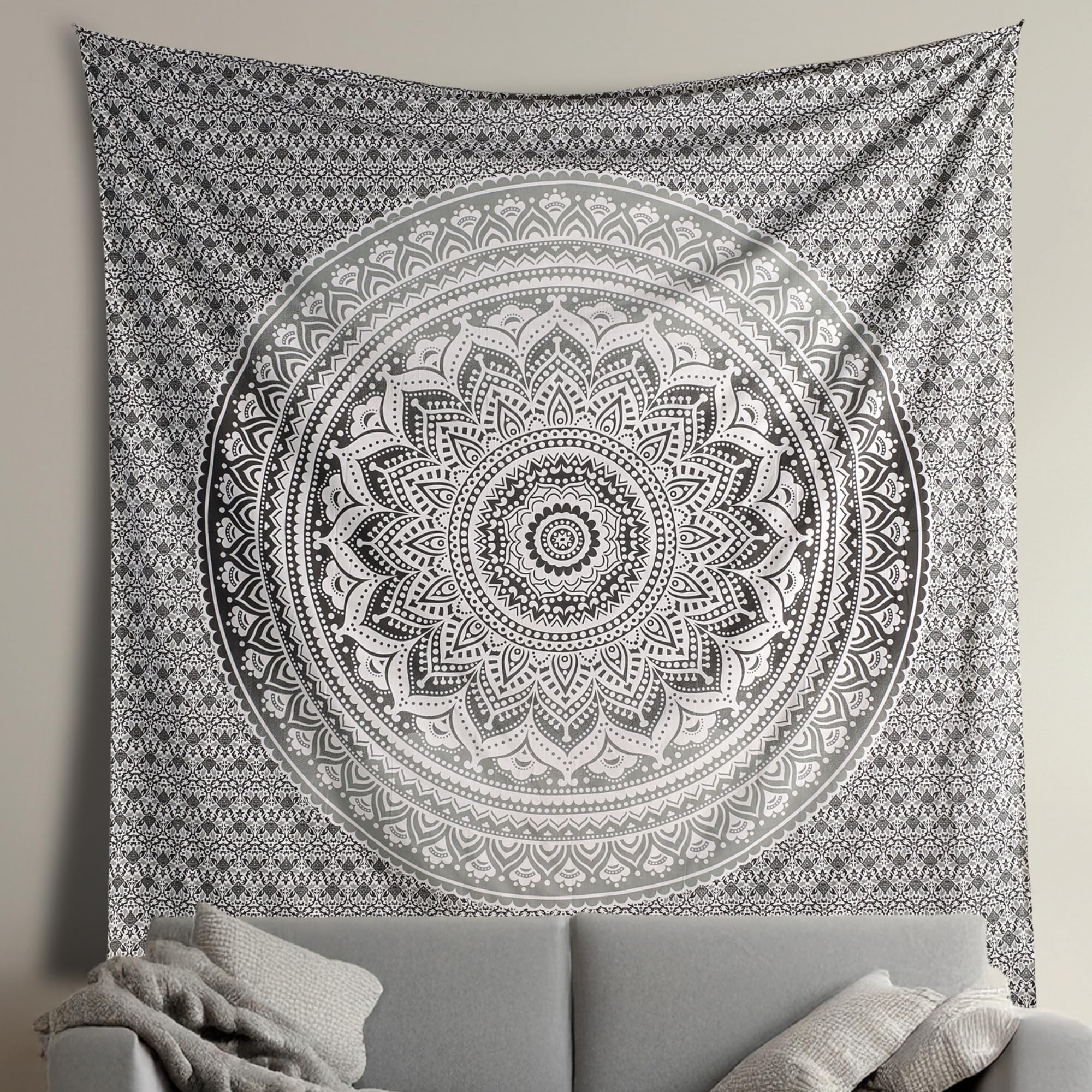THE ART BOX Grey Black Cotton Tapestry Mandala Wall Hanging – Tapestry for Bedroom – Boho Room Decor – Twin Size Aesthetic Wall Tapestry 55x82 Inches