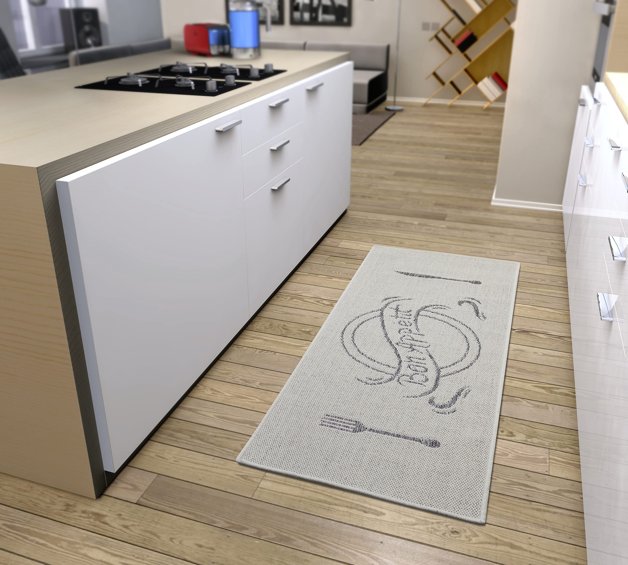 Hanse Home Bon Appetit Rug Runner - Kitchen Rug with Lettering, Non-Slip, Easy Care, Robust, Oeko-Tex Rug Runner for Kitchen, Hallway, Dining Room - Cream Grey, 62 x 150 cm