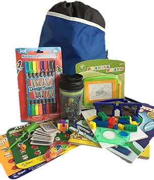 Travel Activity Bag Kit for Kids - Keep Children Busy on the Airplane or in the Car. For Boys or Girls Age 6-12. Backpack, Toys, Games, Crafts, Travel Cup and More. 15 Activity Bundle.