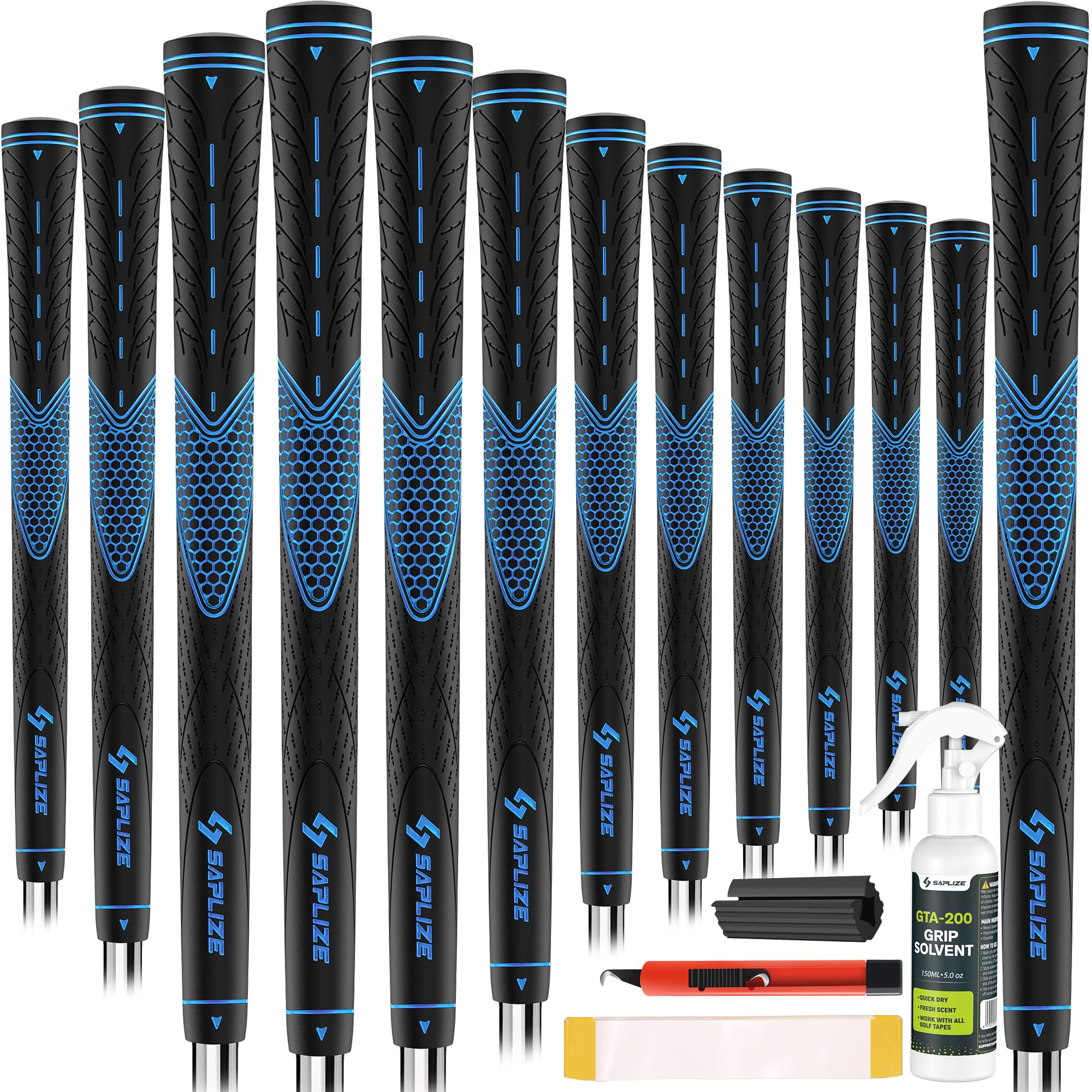 SAPLIZE CC01 Rubber Golf Grips, 13 Grips, 4 Colors Available, Standard/Midsize/Oversize Anti-Slip Rubber Golf Club Grips, Blue, Oversize, 13 Grips with Full Solvent Kit