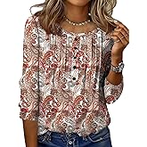 Zeagoo 3/4 Length Sleeve Womens Tops Round Neck Casual Summer Tunic Tops Basic Tees Blouses Dressy T-Shirts Pleated Shirts