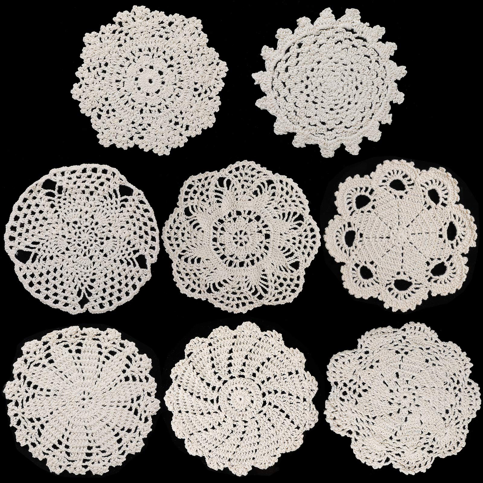 8 Pieces 6 to 8 Inch Cotton Lace Doilies Crochet Handmade Lace Coasters Round Lace Placemat Rustic Table Doilies Decors for Kitchen Dining Room Party Dressers Dream Catcher Decoration, Beige