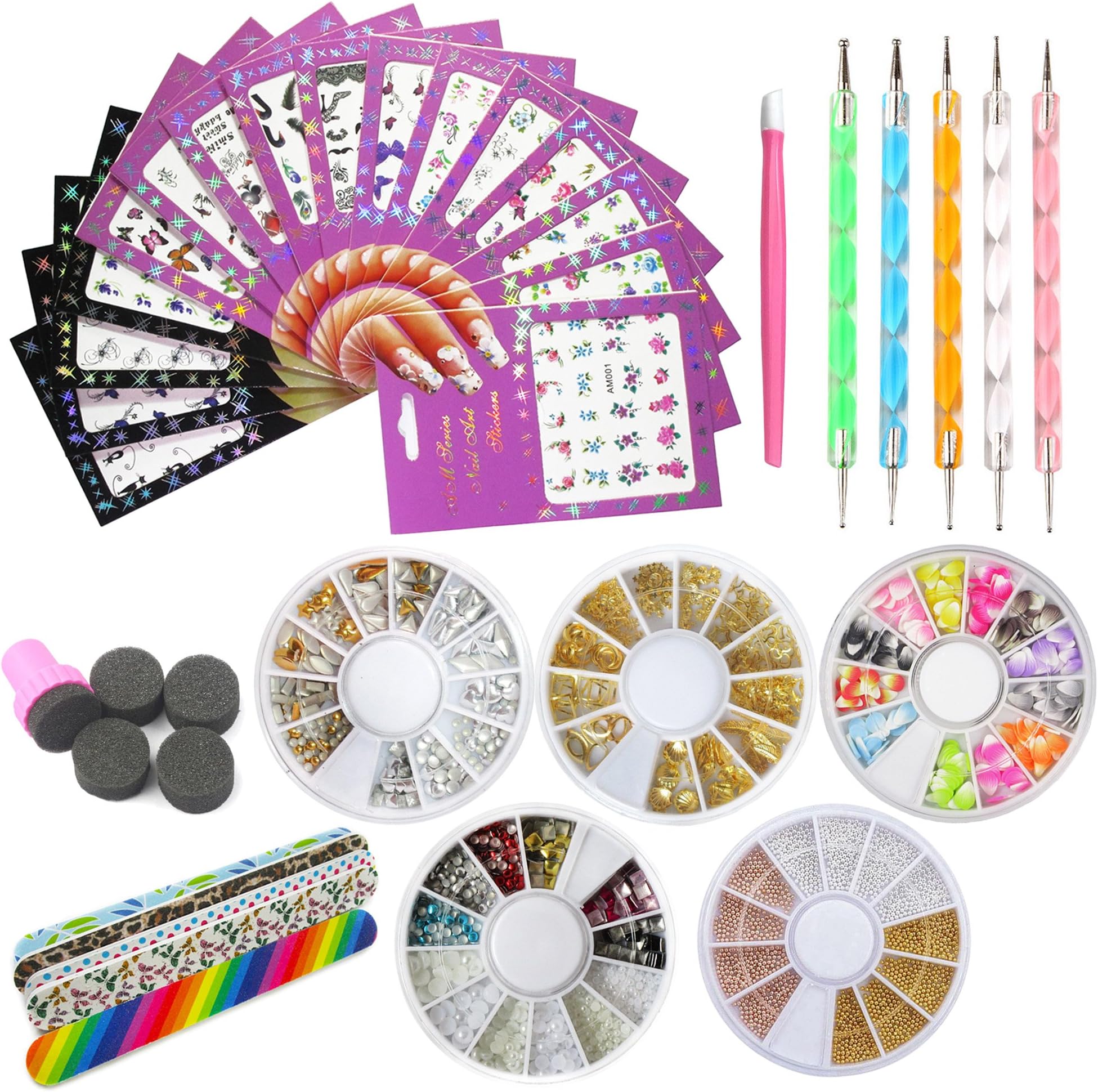 Nail Art Tools Decoration Manicure Pedicure Kit Set 16Pc Nail Stickers,5 Boxes Nail Beads Rhinestones Stone Gold Metal Studs,5 Nail File Sticks,5 Nail Dotting Pen,Nail Stamping Sponge Pusher