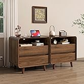 Nasonet Mid Century Modern Nightstand with Charging Station, Wood Bedroom End Tables Set of 2 Nightstands with Drawers, Curved Bedside Table for Living Room, Bedroom, Walnut
