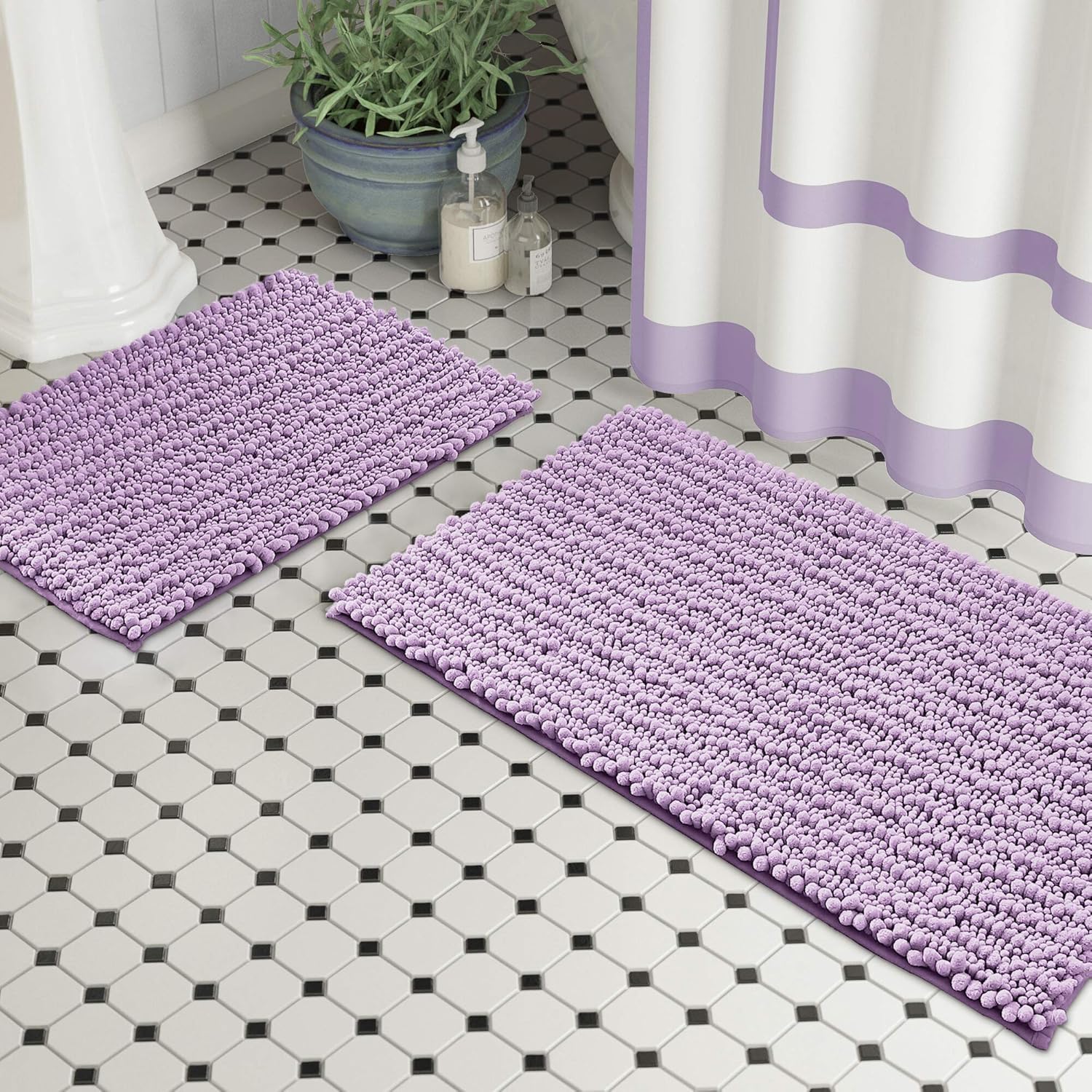 Zebrux Non Slip Thick Shaggy Chenille Bathroom Rugs, Bath Mats for Bathroom Extra Soft and Absorbent - Striped Bath Rugs Set for Indoor/Kitchen (20 x 30 + 15 x 23'', Light Grey): Kitchen & Dining
