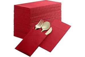 BLOOMINGOODS 50-Pack Disposable Linen-Feel Dinner Napkins with Built-in Flatware Pocket, BRIGHT RED Prefolded Cloth Like Paper Napkins For Christmas, Dinner, Wedding Or Party [Silverware NOT Included]
