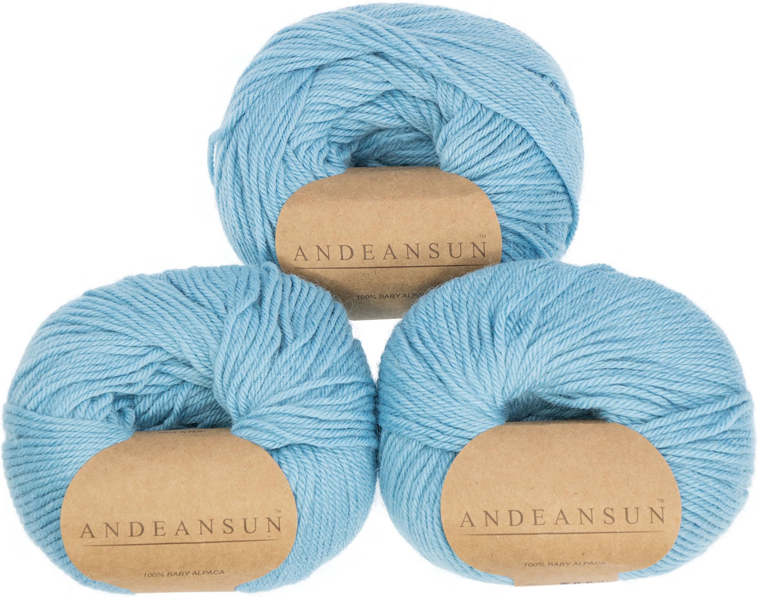 100% Baby Alpaca Yarn (Weight #3) DK - Set of 3 - AndeanSun - Luxuriously Soft for Knitting, Crocheting - Great for Baby Garments, Scarves, Hats, and Craft Projects - (Powder Blue)