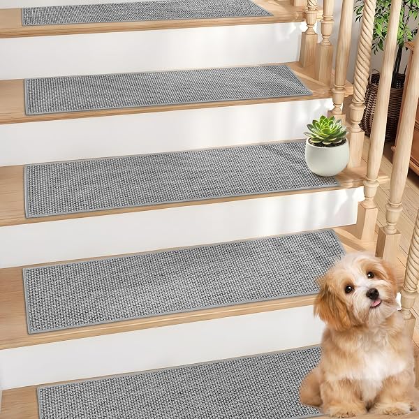 XAARMONEX NATURAL LINEN STAIR TREADS FOR WOODEN STEPS, 15 PCS 8″ X 30″,NON SLIP STAIR RUNNER, PEEL AND STICK CARPET INDOOR FOR KIDS ELDERS AND PETS (15, GREY, 8″ X 30″)