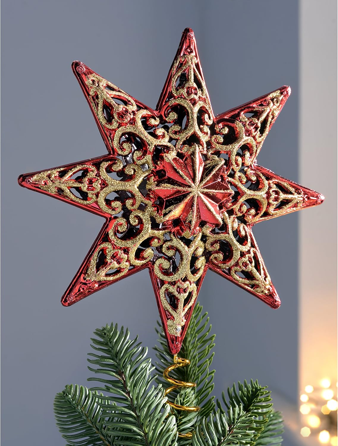 WeRChristmas Shatterproof Deluxe Christmas Star Tree Topper with Glitter, 21 cm - Red - Image 3