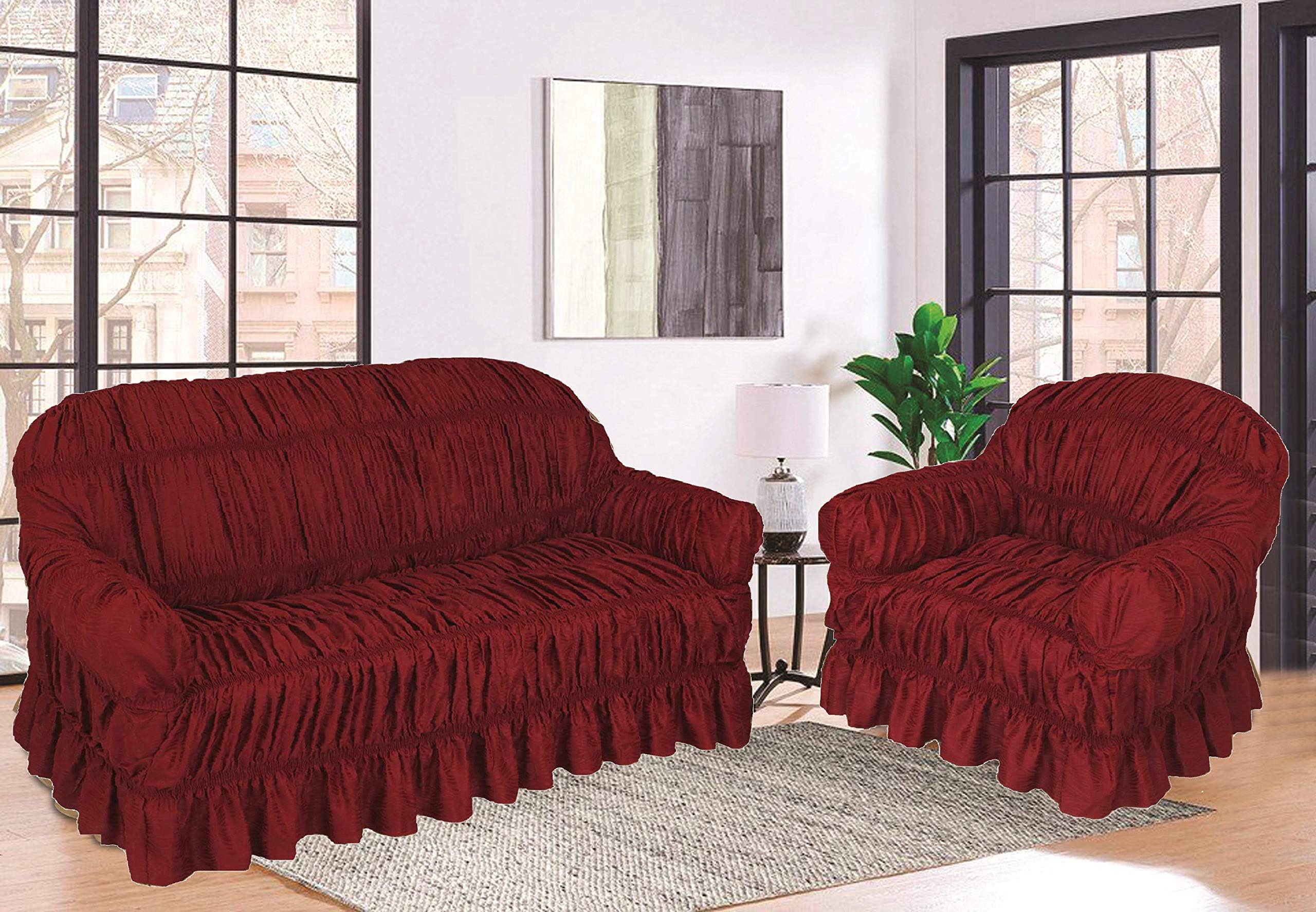 Jacquard Sofa Covers Available in 3 Sizes & 6 Colours 2 Seaters (Loveseat), Burgundy