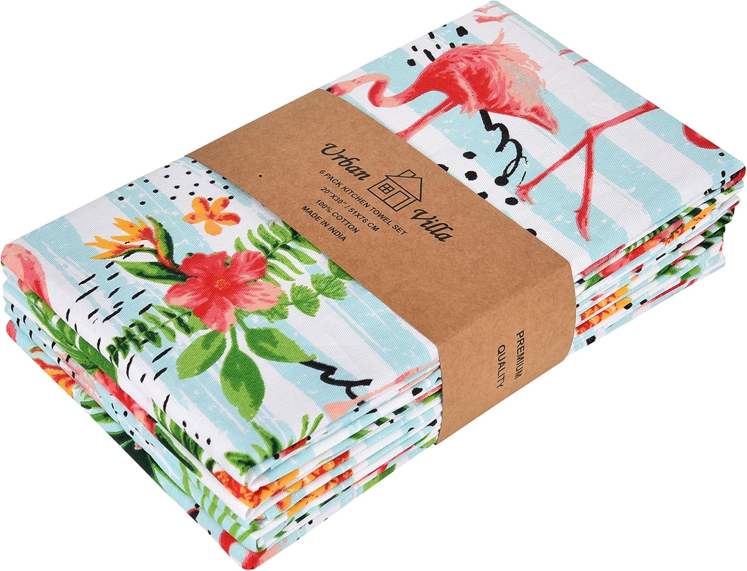 Urban Villa Kitchen Towels, Flamingo Print Multi Color, Premium Quality, 100% Cotton Dish Towels, Mitered Corners, (Size: 20X30 Inch), Highly Absorbent Bar Towels & Tea Towels - (Set of 6): Kitchen & Dining