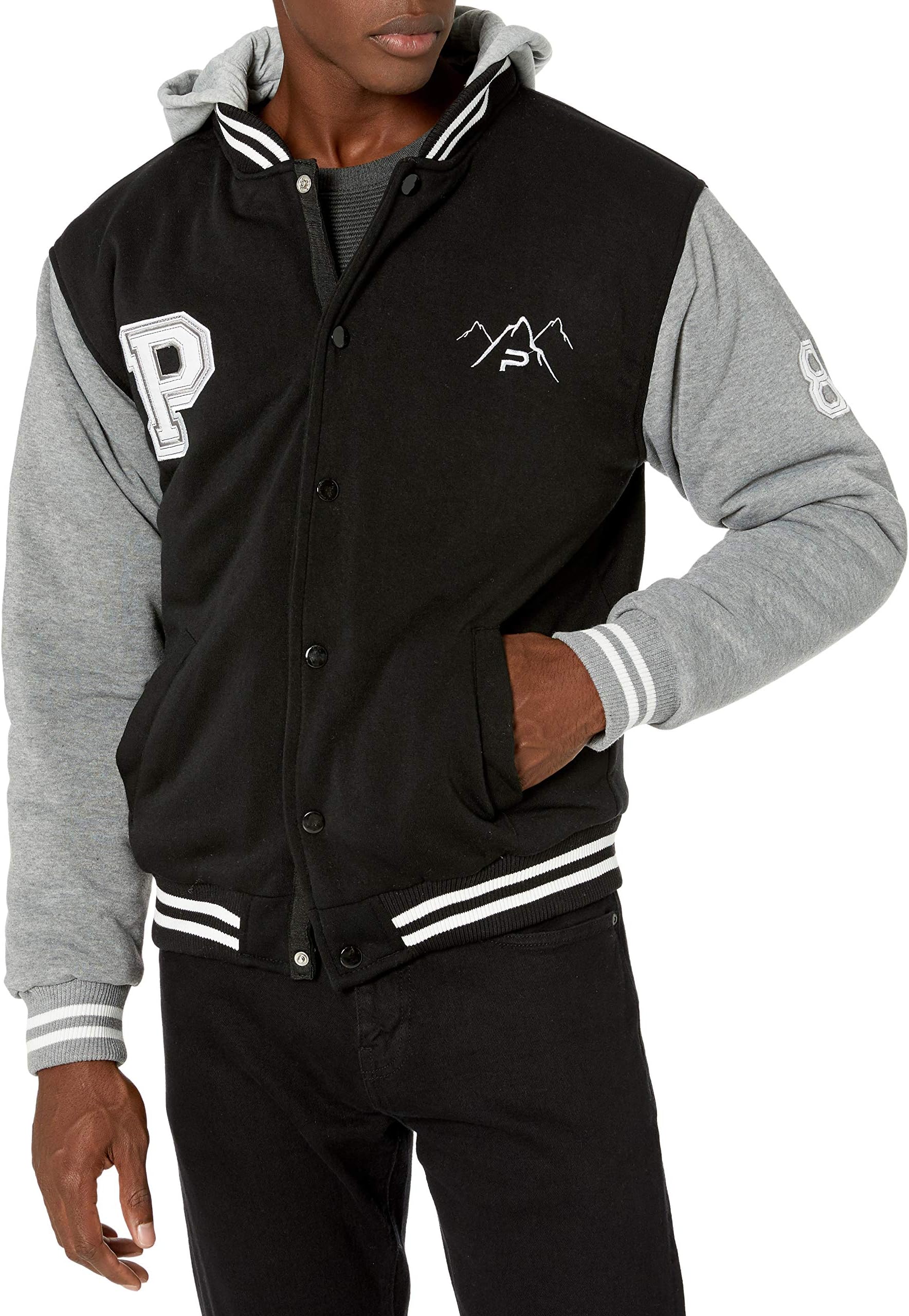 The Polar ClubMens' Fleece Varsity Baseball Jacket Black & Grey 2-Tone with Removable Hood