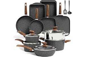 Kitchen Academy Induction Cookware Set-17 Piece Non-stick Cooking Pan Set, Black Granite Pots and Pans Set