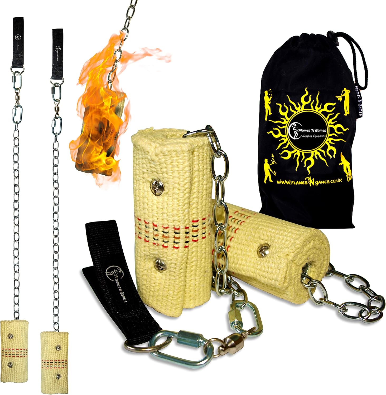 Flames 'N Games LARGE PRO Fire Poi Set - 2x100mm Wicks + Free Travel Bag (100mm.)