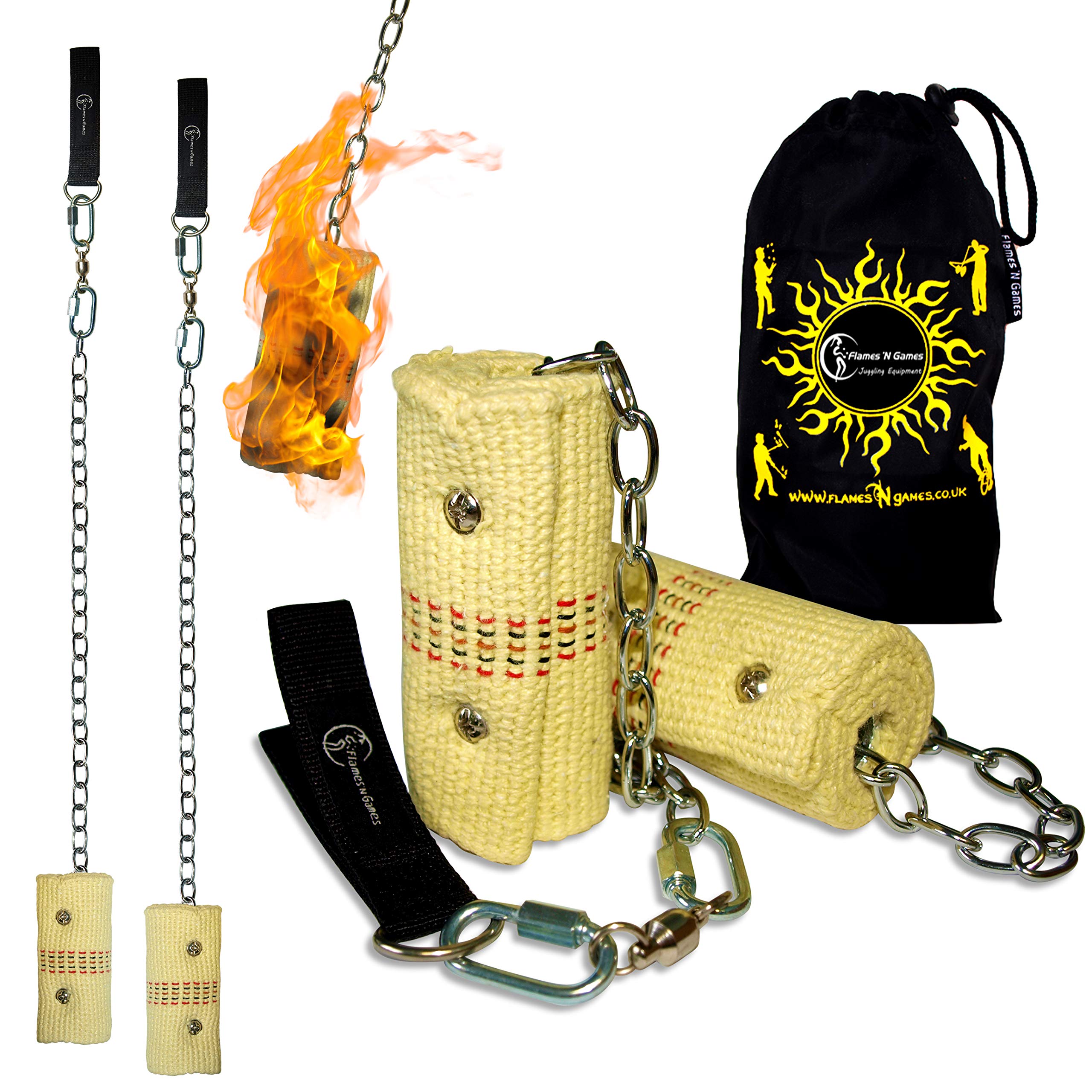 Flames 'N Games LARGE PRO Fire Poi Set - 2x100mm Wicks + Free Travel Bag (100mm.)