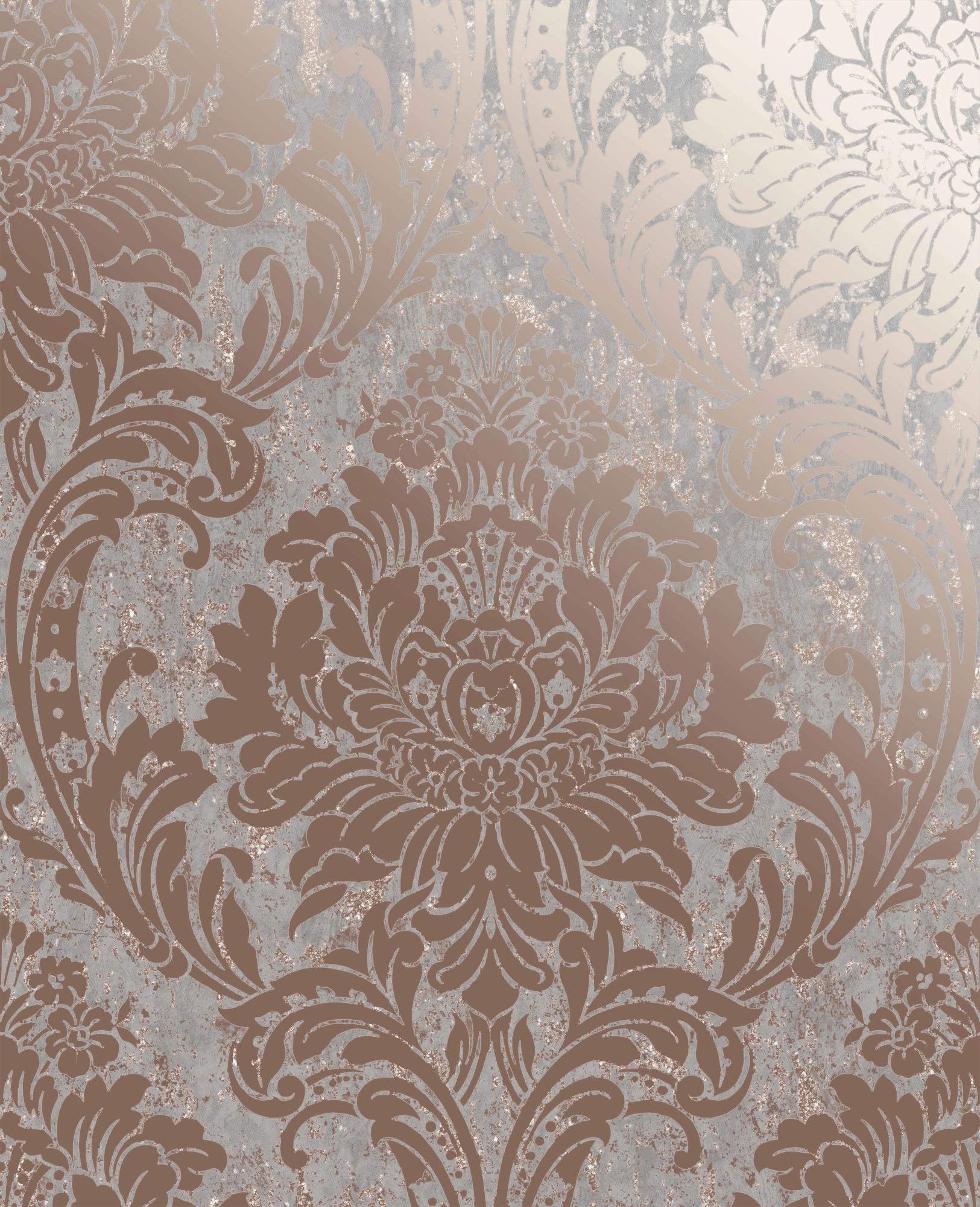 Superfresco Grey/Rose Gold Milan Metallic Damask Wallpaper