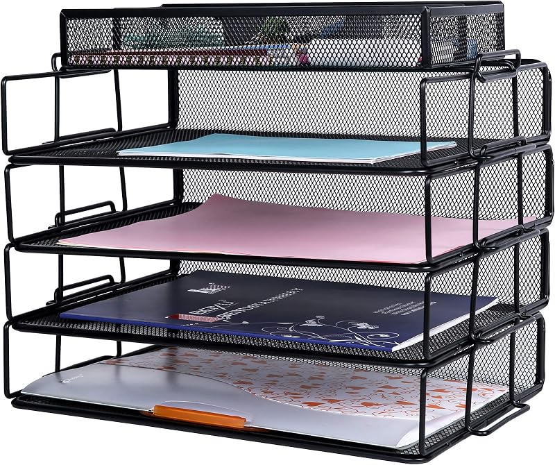 EXERZ 4-Tier Stackable Paper Sorters with Accessory Organizer Mesh Desk Tray