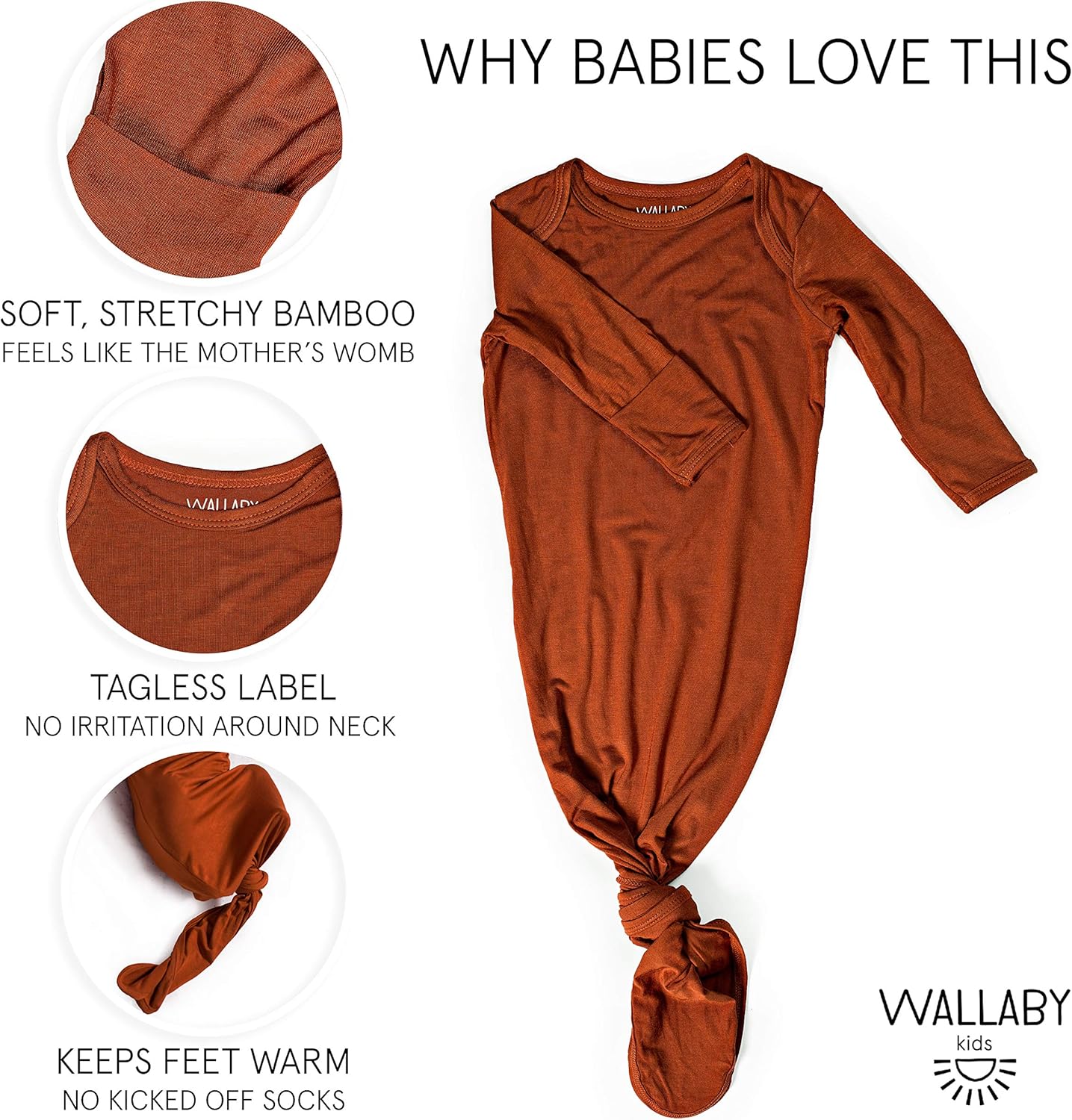 Wallaby Kids Extra Tall Knotted Baby Gown, Super Soft Bamboo Newborn Sleeper for Baby Girl and Boy (Clay): Clothing