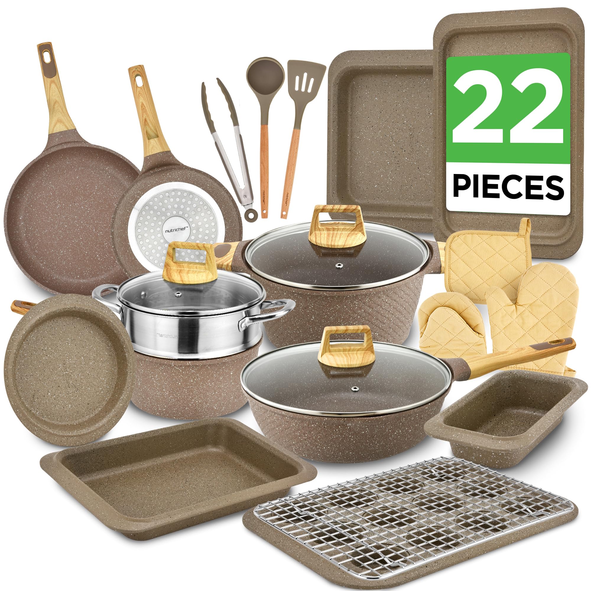Nutrichef 22-Piece Marble Non-Stick Cookware and Bakeware Set - Professional Home Kitchen Collection with Multi-Sized Pots, Pans, and Heat-Resistant Tools Image