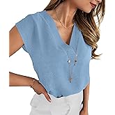 Soucrat Women V Neck Tops Cap Sleeve Textured Chiffon Blouses Summer Business Work Shirts