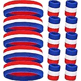 Bememo 15 Pcs Red White and Blue Sweatband Set for Men Women USA Striped Headband Football Wristband Sports Neon Accessories for 80s Costumes Cosplay Party Youth Basketball Tennis Running