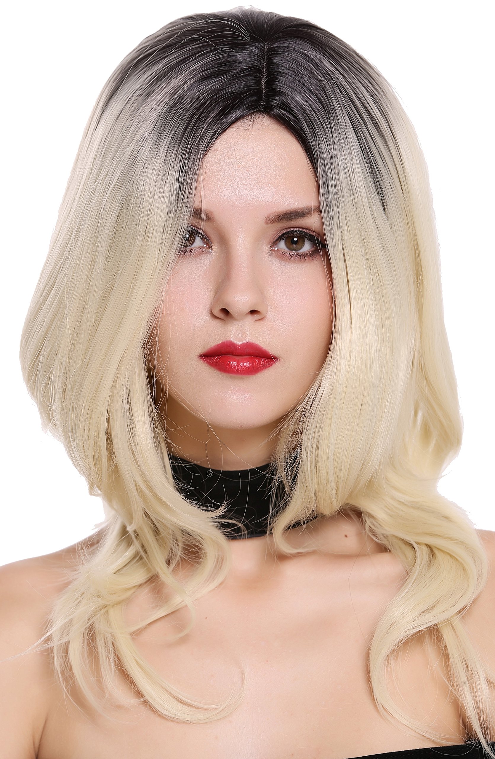WIG ME UP - ZM-1733-613CR1B Lady Quality Wig Shoulder Length Short Wavy Middle Parting Ombre Black Platinum Blond