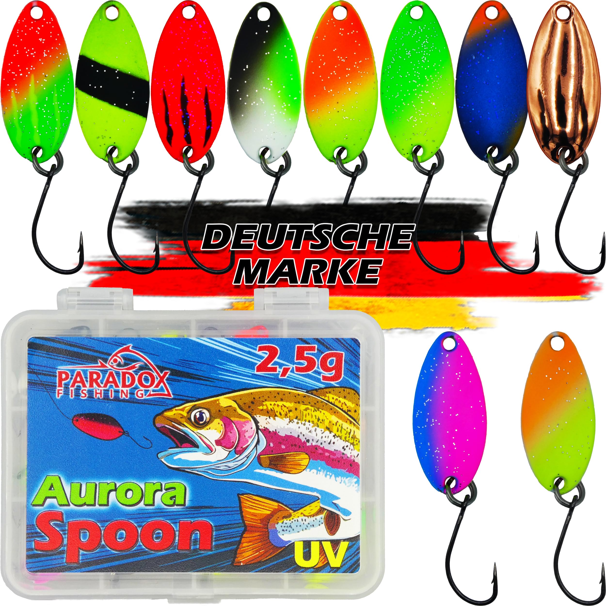 Paradox Fishing Trout Bait Set, 10 Assorted UV Spoon Indicators, 5 Snaps, FISHING_HOOK for Trout Fishing