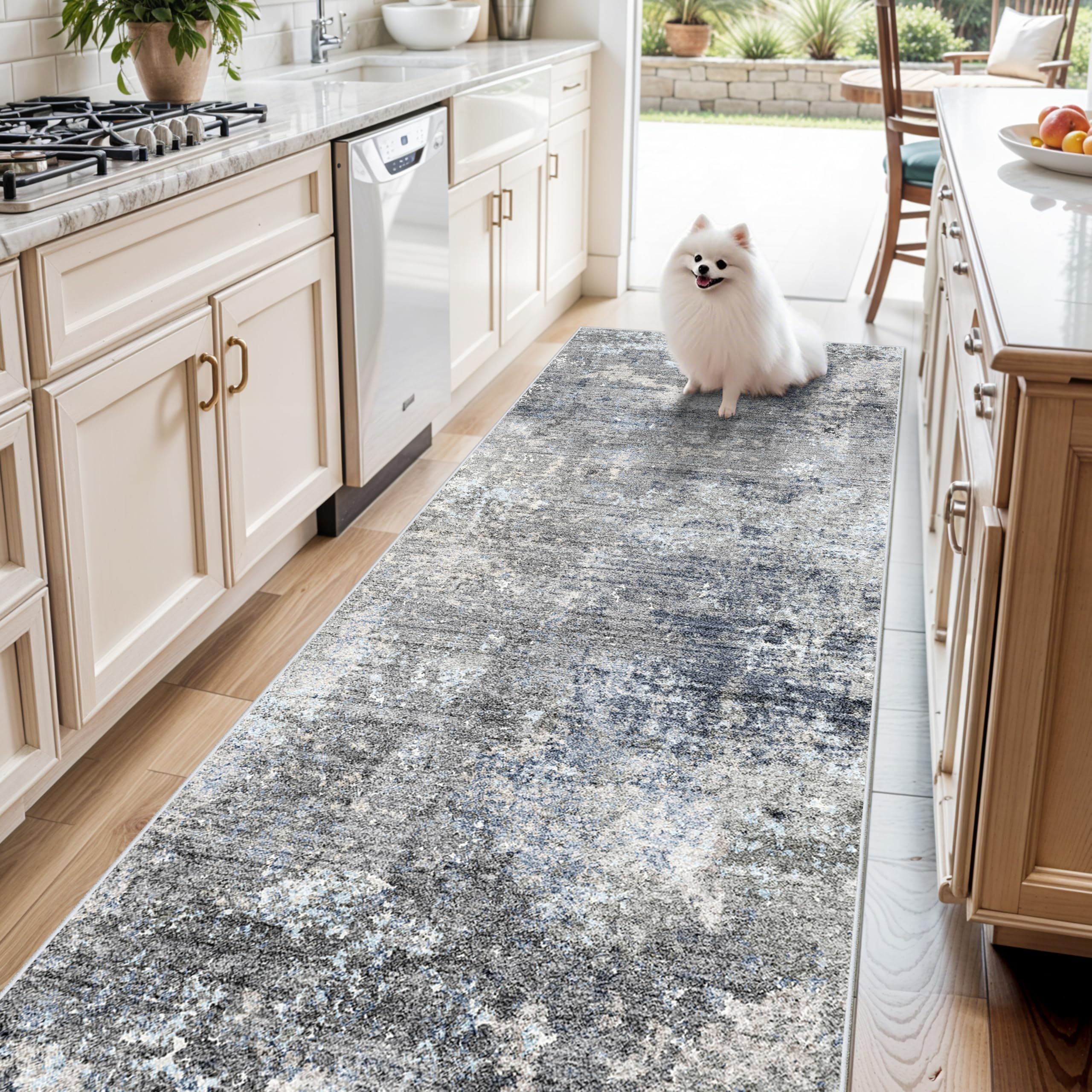 Photo 1 of 4x10ft Extra Wide Hallway Rug – Non-Slip Washable Large Carpet Runner for Kitchen, Indoor Entryway, Modern Abstract Low-Pile Thin Floor Mat for Bedroom, Living Room, Dining Room (Blue Grey,4x10)