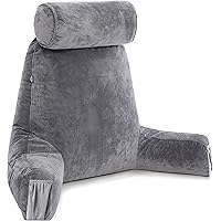 Husband Pillow Medium Dark Grey, Backrest for Kids, Teens, Petite Adults - Reading Pillows with Arms, Adjustable Loft, Plush 