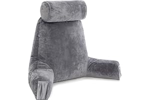 Husband Pillow Medium Dark Grey, Backrest for Kids, Teens, Petite Adults - Reading Pillows with Arms, Adjustable Loft, Plush Memory Foam, Bed Rest Chair Sitting Up, Detach Neck Roll, Removable Cover
