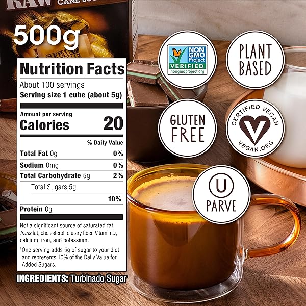 SUGAR IN THE RAW TURBINADO CANE SUGAR CUBES, 17.6 OZ. BOX, PURE, ALL-NATURAL TURBINADO SUGAR, NON-GMO PROJECT CERTIFIED, KOSHER, VEGAN AND GLUTEN FREE