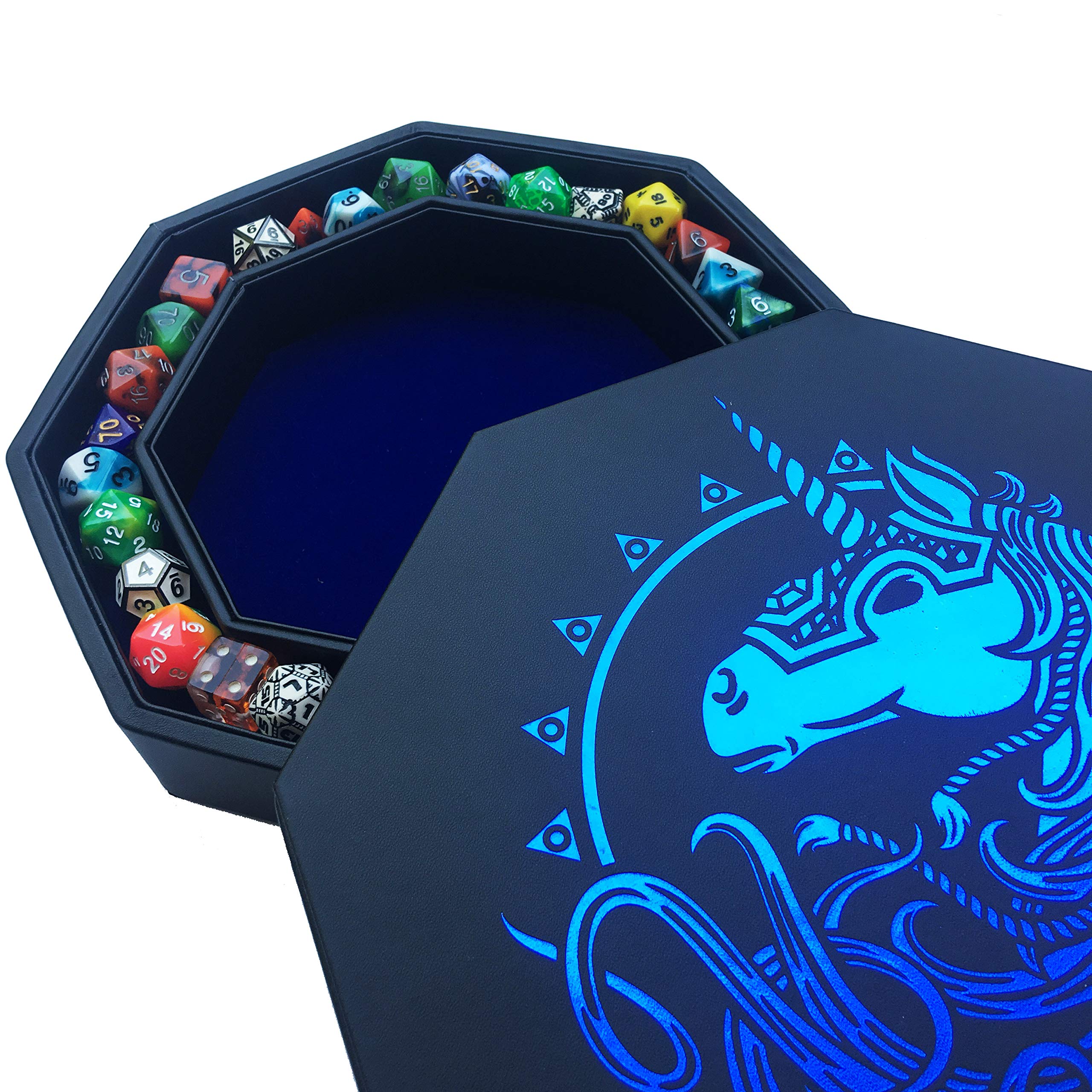 Fantasydice- BLUE - War Unicron- Dice Tray 20CM Octagon with Lid and Dice Staging Area- Holds 5 Sets of Dice(7 / Sta