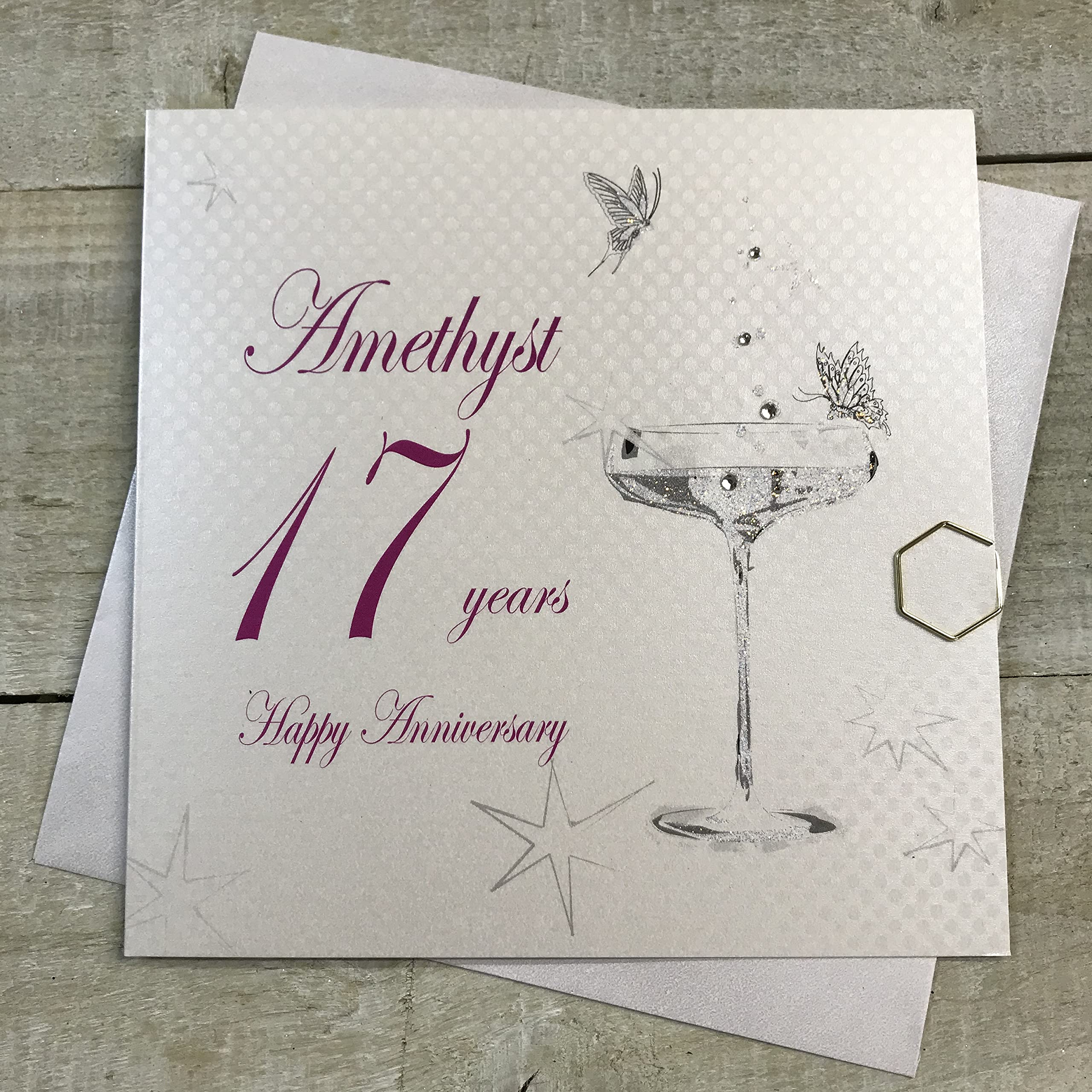 WHITE COTTON CARDS Happy Amethyst' 17 Years Anniversary Handmade Card, White, BD117C, 16cm X 16 cm