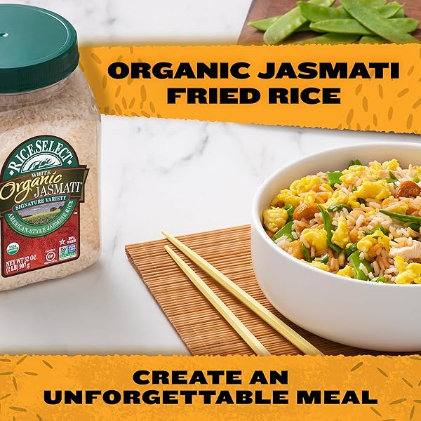 RICESELECT ORGANIC JASMATI WHITE RICE FOR ASIAN-FOOD-INSPIRED RECIPES, PREMIUM NON-GMO GLUTEN-FREE LONG-GRAIN JASMINE RICE, 32-OUNCE JAR