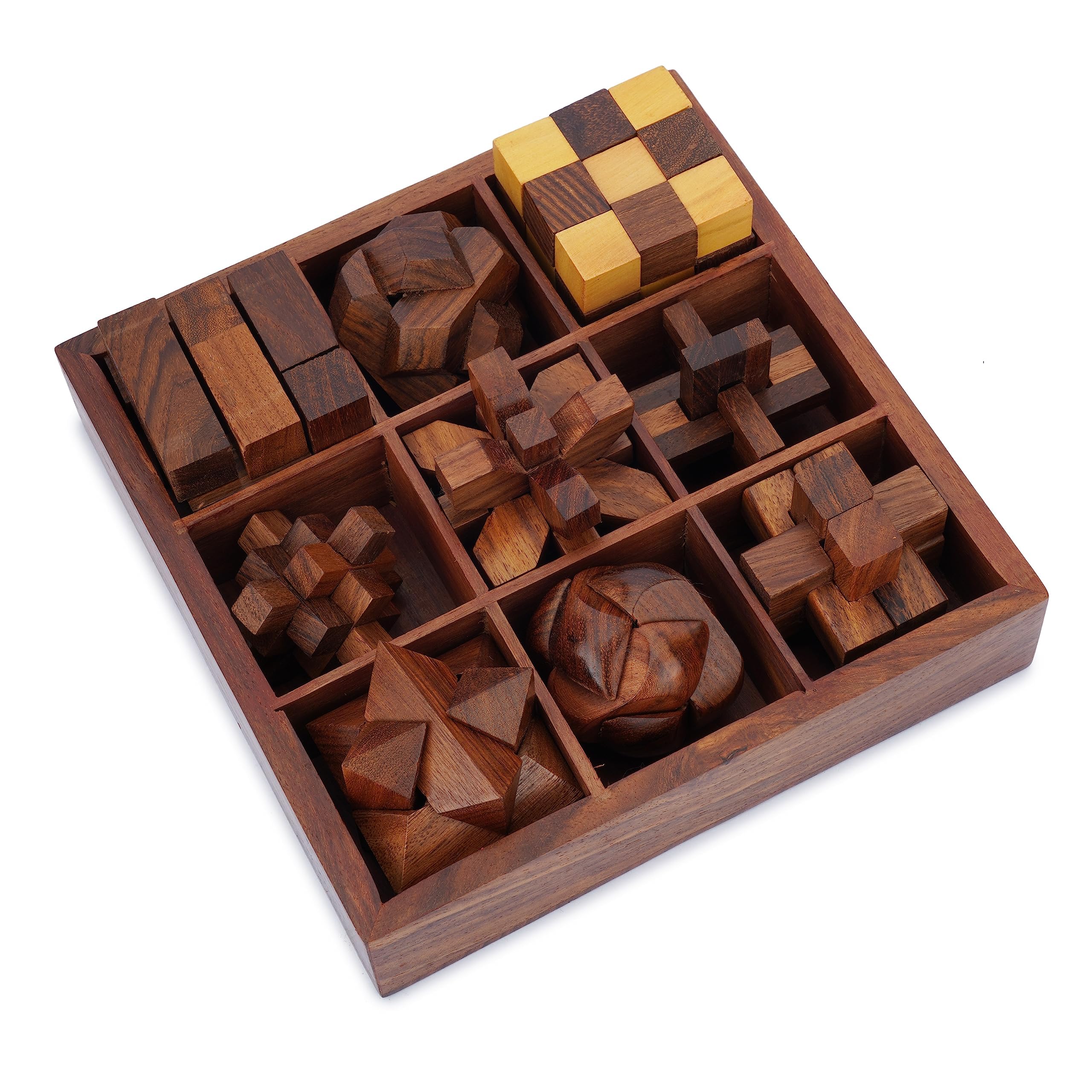 Ajuny Wooden Puzzle Games Box Set - Challenging Brain Teasers 3D Puzzles for Teens and Adults with Decorative Storage Box Interlocking Games for IQ Test Handcrafted Game Gifts