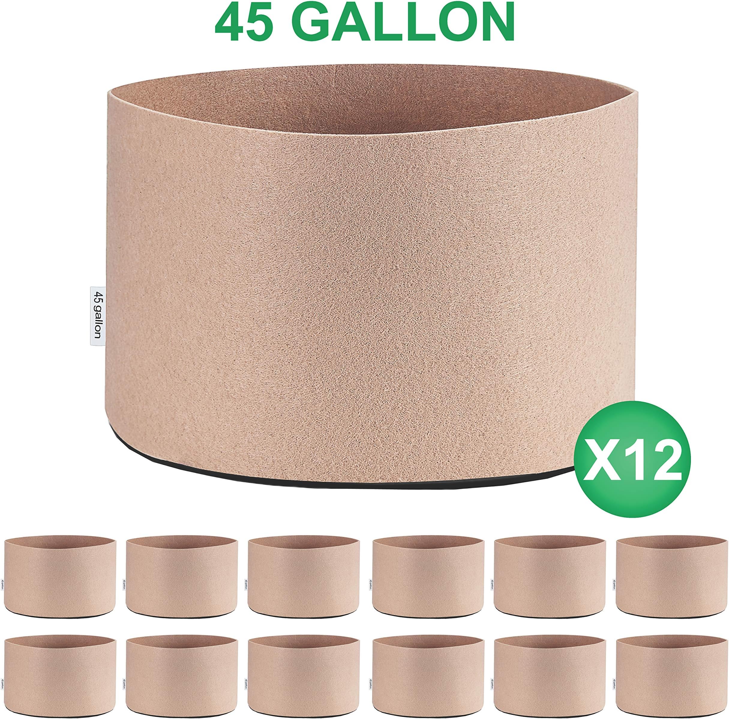 TopoGrow 12 Pack 45 Gallon Grow Bags Tan Fabric Round Aeration Pots Container for Nursery Garden and Planting Grow (45 Gallon, Tan)