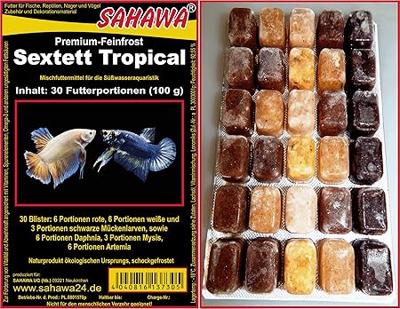 300 Futterportionen, SAHAWA® Sextett Tropical bestehend aus 6x Rote Mückenlarven,6 x weiße Mückenlarven,3 x Muschelfleisch, 3