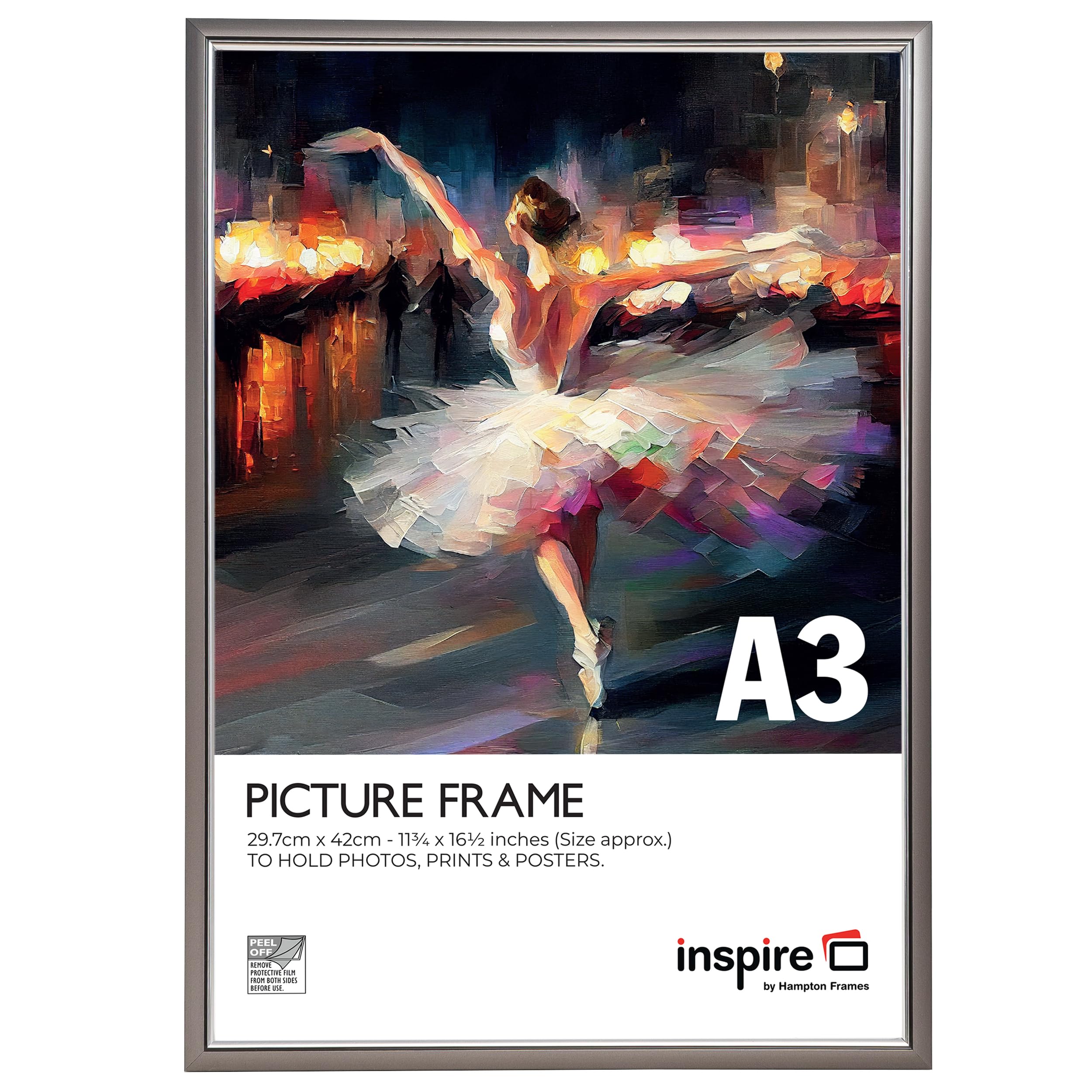 inspire by Hampton Frames | Picture Poster Frame | A3 (30x42cm), Smoke Grey, Plastic, Foil Wrapped | Acrylic Non-Glass Front, Wall Mount, Drop In Back | Display for Photos, Certificates