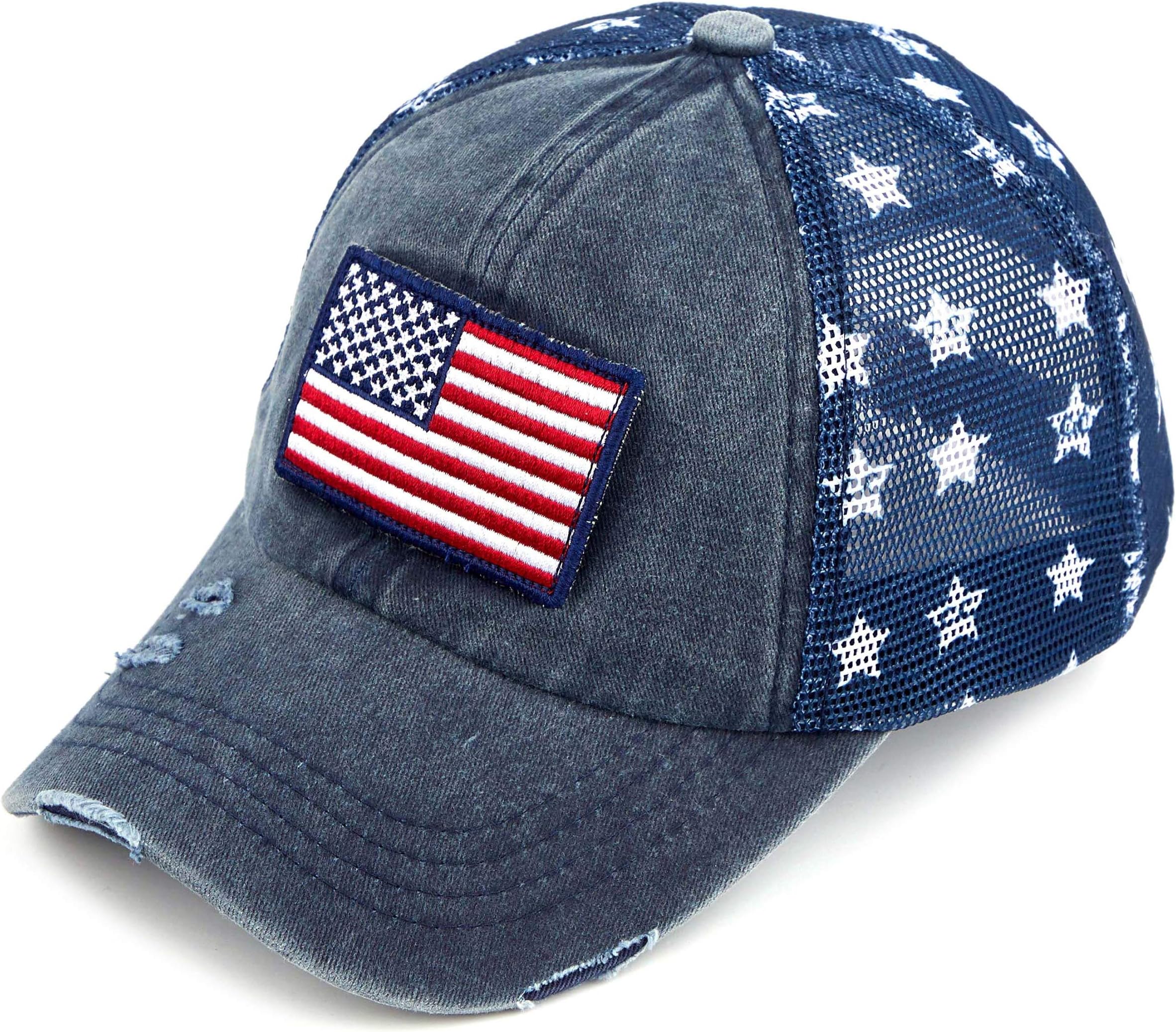 HATSANDSCARFDistressed Washed Denim Fabric America Flag Patch Trucker Baseball Cap (BA-912)(BA-914)