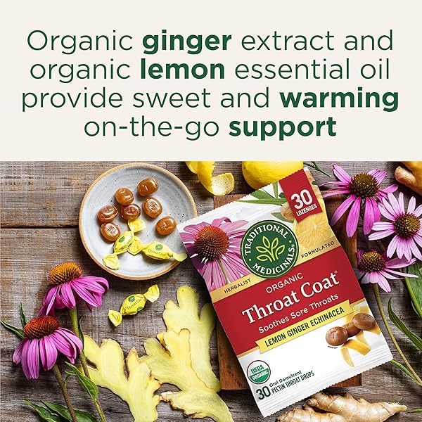 TRADITIONAL MEDICINALS LOZENGES, ORGANIC THROAT COAT LEMON GINGER ECHINACEA, SORE THROAT SUPPORT, 30 INDIVIDUALLY WRAPPED LOZENGES