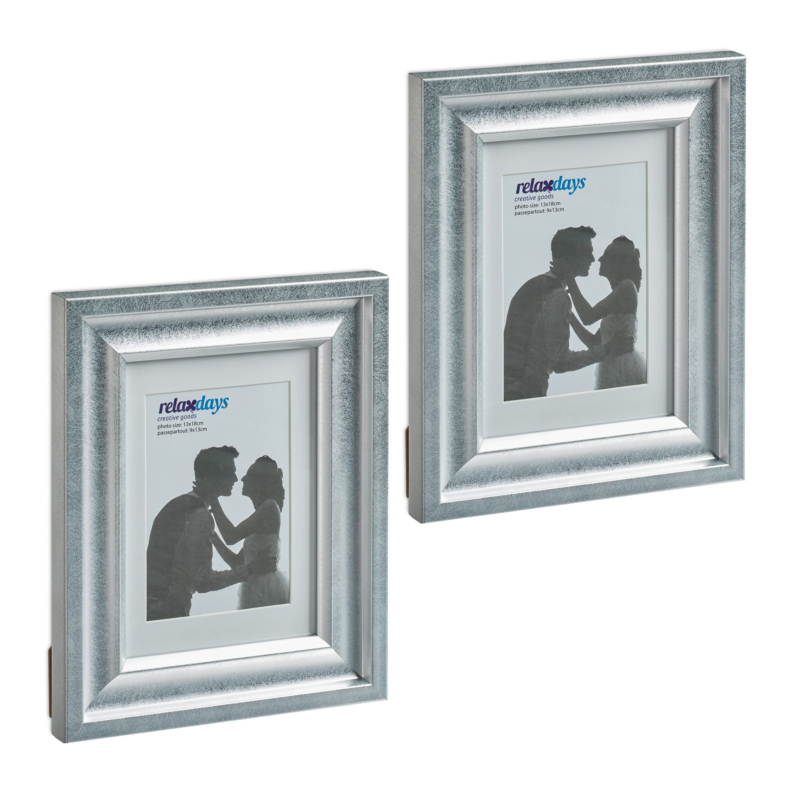 Relaxdays Set of 2 Picture Frames, 13x18cm, Portrait & Landscape, Tabletop or Hanging Photo Holder, Passepartout, Silver, 25 x 20 x 2 cm