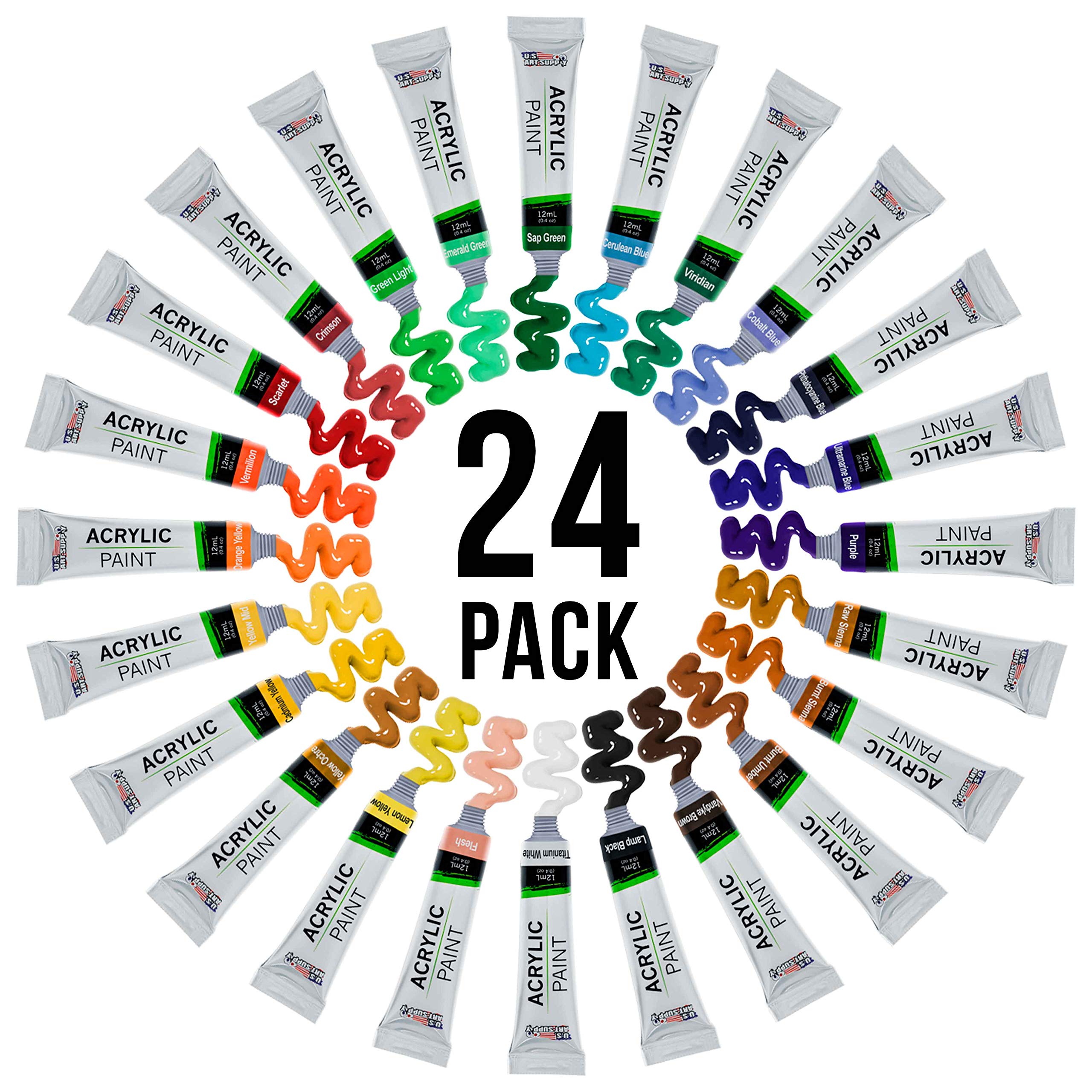 Professional 24 Color Set of Acrylic Paint in 12ml Tubes - Rich Vivid Colors for Artists, Students, Beginners - Canvas Portrait Paintings - Color Mixing Wheel
