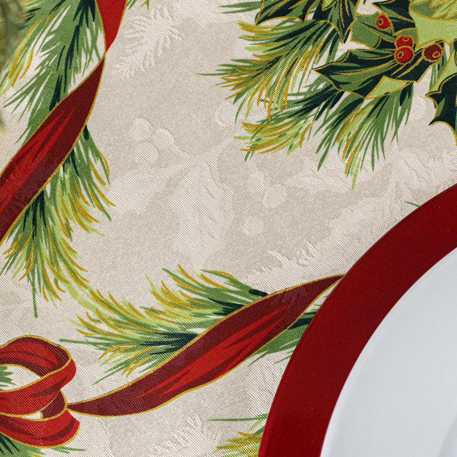 Benson Mills Christmas Ribbons Engineered Printed Fabric Table Cloth
