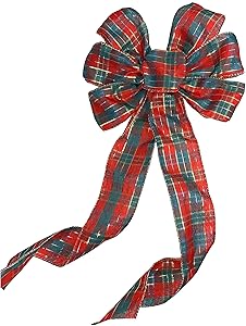 GiftWrap Etc. Red Gold Plaid Christmas Bow - 10" Wide, 18" Long Pre-Tied Bow, Red and Green Tartan, Door Decoration, Swag, Wreath, Garland, Winter Decor, Christmas Tree Bow