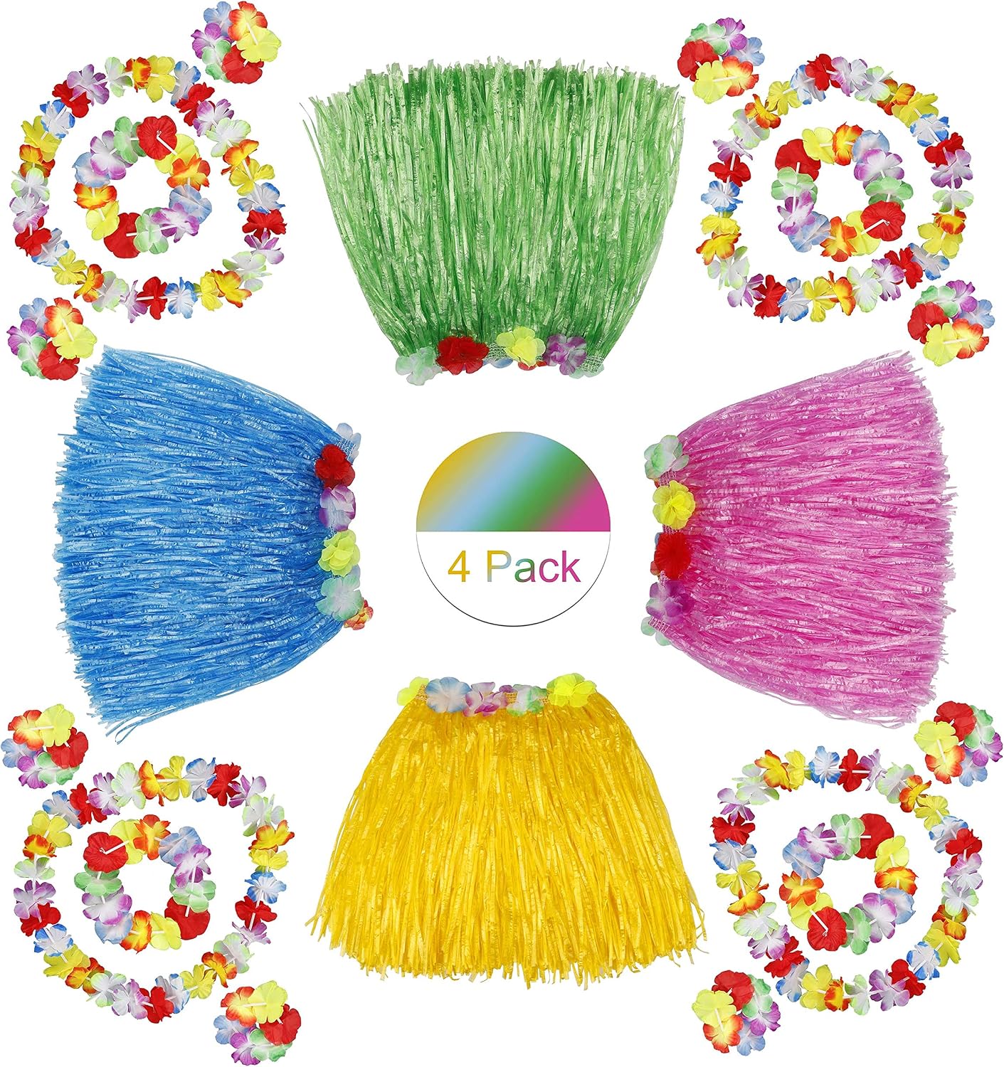 HONGXIN-SHOP Grass Skirt Colorful Dress in Hawaiian Dance Festival Vacation with Flower Bracelet Headband Necklace for Kid Women Lady Costume 4 Pack