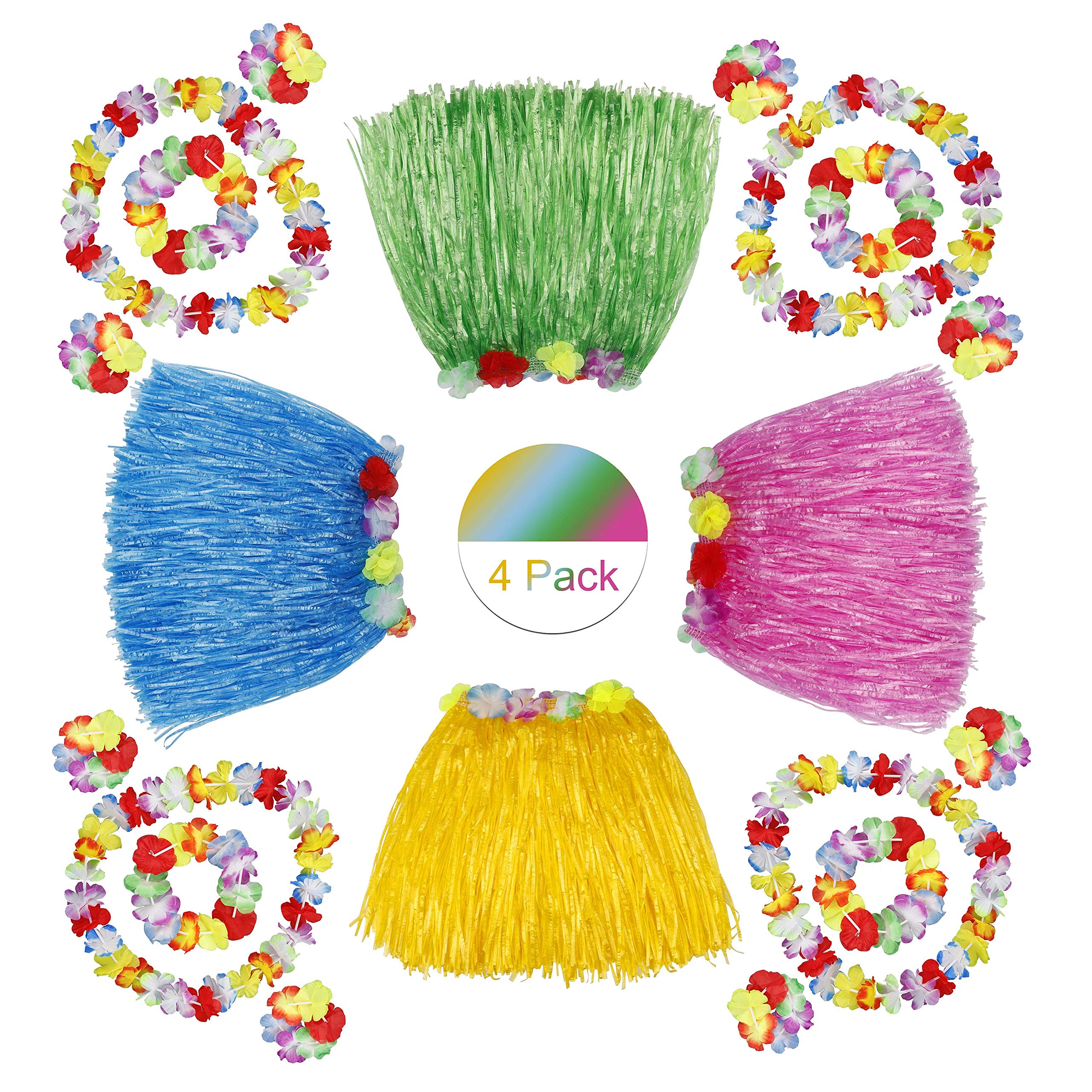 HONGXIN-SHOP Grass Skirt Colorful Dress in Hawaiian Dance Festival Vacation with Flower Bracelet Headband Necklace for Kid Women Lady Costume 4 Pack